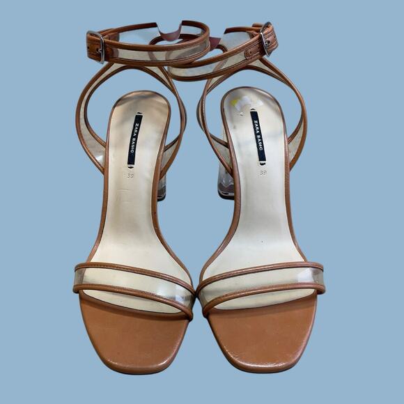 Zara lucite clear tan brown ankle strap block heels sandals size EU 39 US 8 - Picture 14 of 16